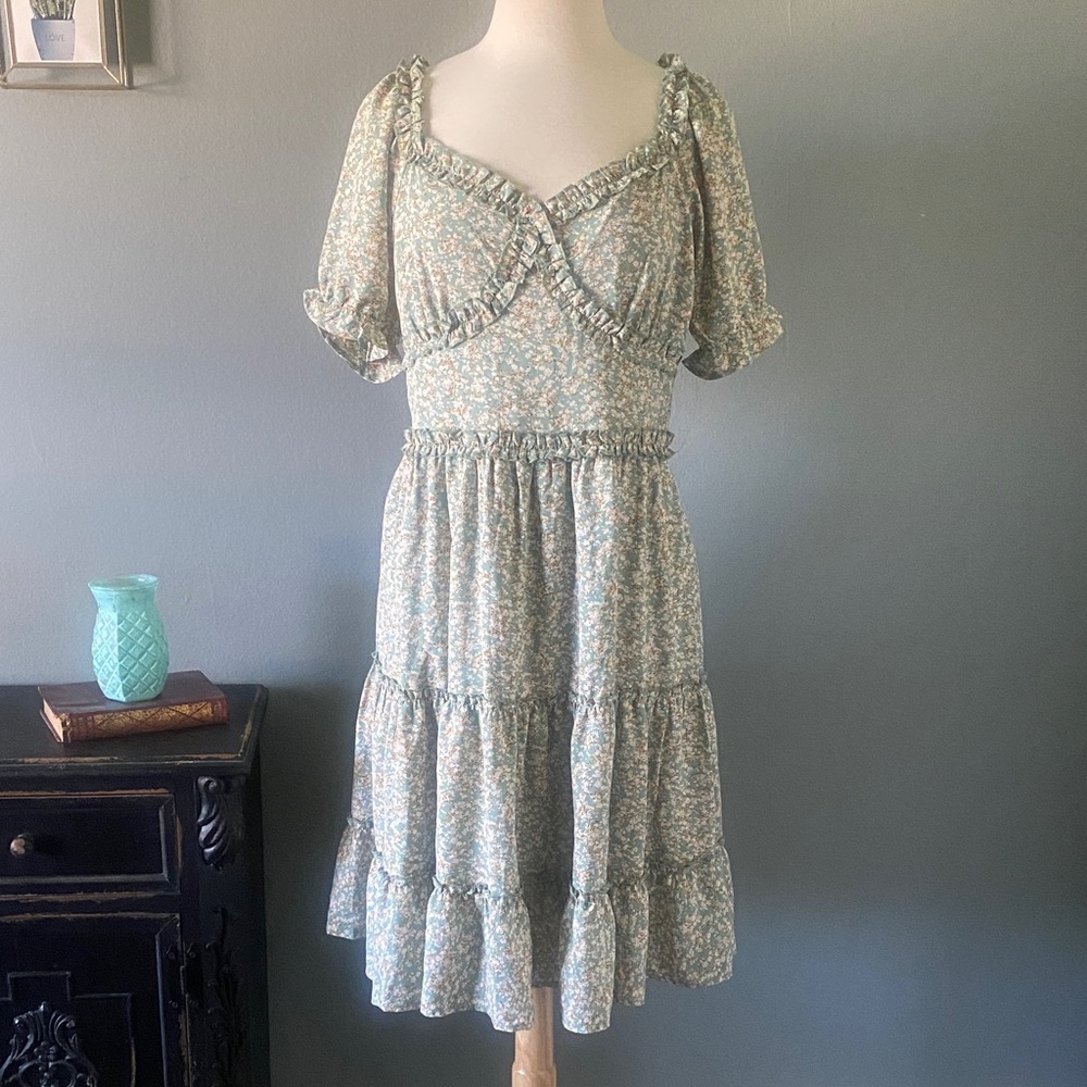 Bluebell Pale Sage Floral Ruffle Midi Dress Size 1 X Boho Whimsy Cottagecore